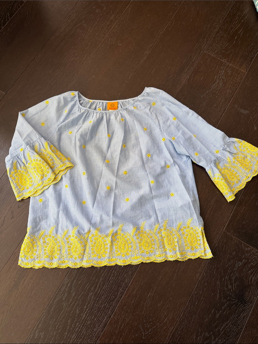 Ruby Rd. Light Blue Striped Tunic with Yellow Embroidery